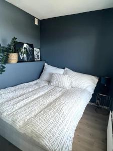 - une chambre avec un grand lit et un mur bleu dans l'établissement Koselig leilighet på Nordstrand/Lambertseter, Oslo, à Oslo