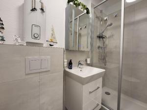 a white bathroom with a sink and a shower at Austernfischer - b63685 in Wendtorf
