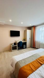 a hotel room with a bed and a desk and a television at Hotel Libers in Lauterbach