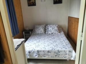 een kleine slaapkamer met een bed met een blauw gordijn bij Maison avec jardin de 600 m2 au cœur des cévennes in Sénéchas
