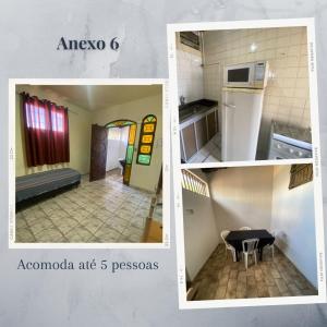 a collage of three pictures of a kitchen and a room at Casas de Temporadas - Hotel Recanto do Sossego in Uberlândia