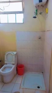 baño con aseo, bañera y ventana en Moji pension, en Addis Ababa