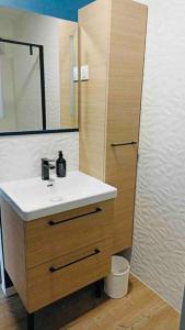 een badkamer met een wastafel en een spiegel bij La Margautine, la mer à proximité. in Sangatte