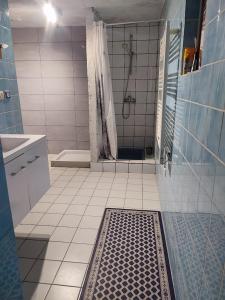 a bathroom with a shower and a tiled floor at Chambre Haut in Zilling