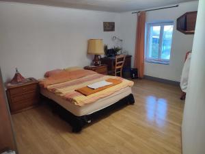 Schlafzimmer mit einem Bett, einem Schreibtisch und einem Fenster in der Unterkunft Chambre Haut in Zilling
