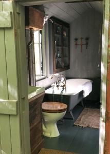 a bathroom with a tub and a toilet and a sink at The shepherds hut at abberley glamping in Abberley