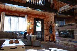 a living room with a couch and a fireplace at Grand Canyon Cabin! One hour and 10 minutes to the South Entrance! in Williams