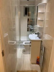 a bathroom with a shower and a sink and a toilet at Nice single bedroom near QMC in Nottingham