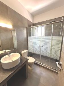 a bathroom with a sink and a toilet and a shower at Bridge House Corfu in Potamós +6 photos