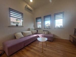 ein Wohnzimmer mit einem lila Sofa und 3 Fenstern in der Unterkunft SPRING APT with garden and FREE secure parking in Domžale