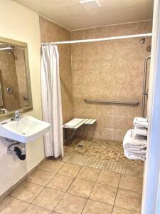 een badkamer met een douche, een wastafel en een toilet bij Border Motel in Calexico