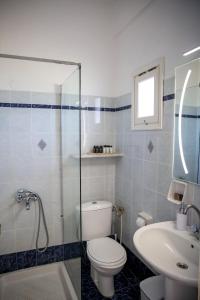 ein Bad mit einem WC, einem Waschbecken und einer Dusche in der Unterkunft Pension St.George Rooms & Studios in Perivolos