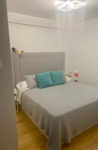 a bedroom with a bed with blue pillows on it at preciosa casa,garage wifi 4 personas in Vigo