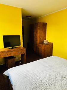 1 dormitorio con 1 cama y escritorio con TV en Penzion Myslivna, en Velký Újezd