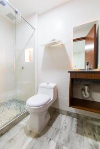 e bagno con servizi igienici e doccia in vetro. di Hotel Casa botero 106 a Bogotá