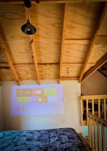 a projection screen in a room with a bed at Mariposa - Cabañas Puerto del Zopilote in Pinal de Amoles