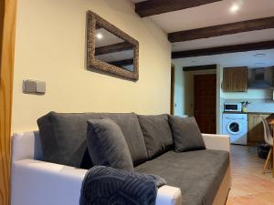 sala de estar con sofá y espejo en Apartament Cal Barracaire, en Vilallonga de Ter