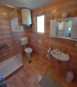 a bathroom with a toilet and a shower and a sink at Sobe Ruža in Banjol