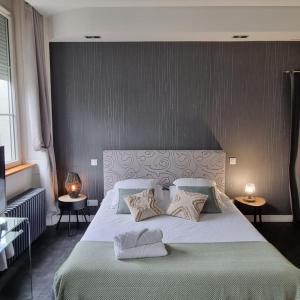 a bedroom with a large bed with two lamps on tables at Suit'Home Commerce in Angers
