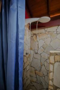 a shower in a bathroom with a stone wall at Casa da Vila in Tiradentes +31 photos