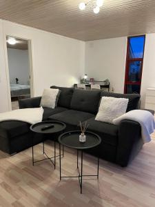 ein Wohnzimmer mit einem schwarzen Sofa und 2 Tischen in der Unterkunft Apartment in Billund in Billund