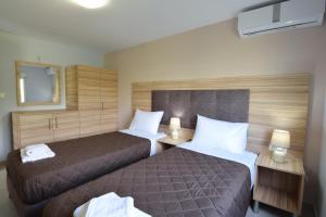 een hotelkamer met 2 bedden en een spiegel bij Ktima Bilionis in Kakóvatos