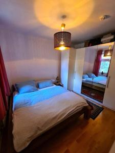 a bedroom with a large bed with blue pillows at Zentral gelegene Wohnung im Herzen der Schanze in Hamburg