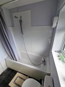a small bathroom with a shower and a toilet at Beautiful 3BR Home with Garden & Gym in Hull
