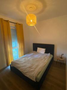 a bedroom with a bed and a window and a chandelier at Apartment Toucan in Jarocin