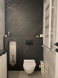 a bathroom with a white toilet and a black wall at Apartment Toucan in Jarocin