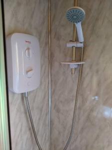 a shower with a hair dryer in a bathroom at Killynick Marina Glamping Rose in Fivemiletown