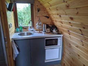 a kitchen with a sink and a stove in a cabin at Killynick Marina Glamping Rose in Fivemiletown