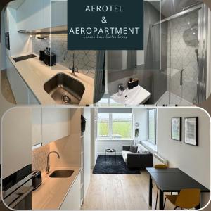 un collage de fotos de una cocina y un apartamento en AEROPARTMENT & AEROTEL, London Heathrow Airport, Terminal 4, EV Stations & Cheap Parking on site! en West Bedfont