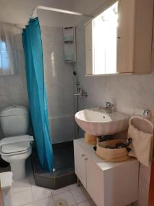 een badkamer met een wastafel en een toilet met een blauw douchegordijn bij STELLA'S AND EVI'S HOUSE in Agios Nikolaos