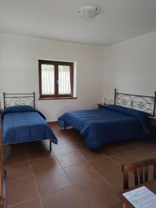 a bedroom with two blue beds and a window at Tenuta Barone in Duronia