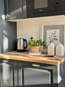 a kitchen with a wooden counter top with plants on it at Podere Gattabigia in Lastra a Signa