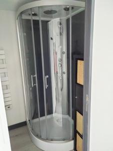 ducha con mampara de cristal en una habitación en L'ECUME, en Pléboulle