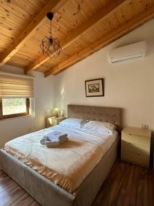 a bedroom with a large bed with a wooden ceiling at Alimeti Guesthouse in Berat +42 photos