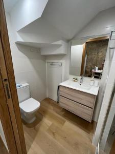 y baño con aseo, lavabo y espejo. en Apartamento Baixo da Barbeira, en Cangas de Morrazo