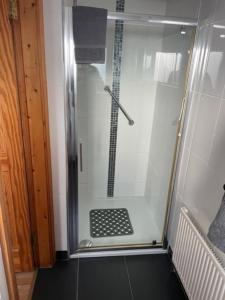 baño con cabina de ducha con puerta de cristal en Padua Guest Accommodation Rosslare, en Rosslare