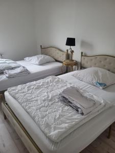 2 nebeneinander sitzende Betten in einem Schlafzimmer in der Unterkunft Ferienwohnung mit Blick auf die Elbe und den Lilienstein in Königstein an der Elbe