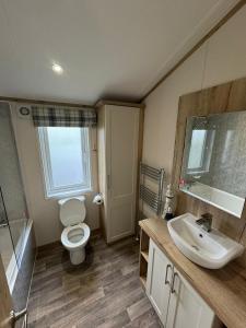 a bathroom with a toilet and a sink and a mirror at Golden Anchor - The Oakland Lodge - Coastal Caravan Breaks in Chapel Saint Leonards