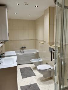 een badkamer met een toilet, een wastafel en een bad bij Blue lagoon apartment Przno in Budva