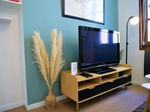 a tv on a wooden stand in a living room at Appartement à 150 m de la cathédrale in Rodez