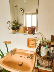 La salle de bains est pourvue d'un lavabo, d'un miroir et de plantes. dans l'établissement Private Double Room in a Cute Townhouse in Maltese Village Close To St Peters Pool, à Żejtun