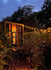 een klein huis met verlichting in een tuin 's nachts bij Tiny House Mayu - Veluwe Airco 4 persons in Arnhem