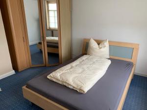 a bed in a room with a mirror at Drei Linden Jasper in Wolfenbüttel +9 photos