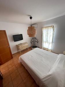 a bedroom with a white bed and a television at Aeren House in Corralejo