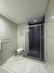 a bathroom with a shower and a toilet at Emy's City Center Flat at 77 on Independence in Windhoek
