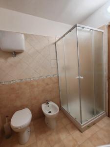 uma casa de banho com um chuveiro, um WC e um lavatório. em Dimora Storica em Petrignano